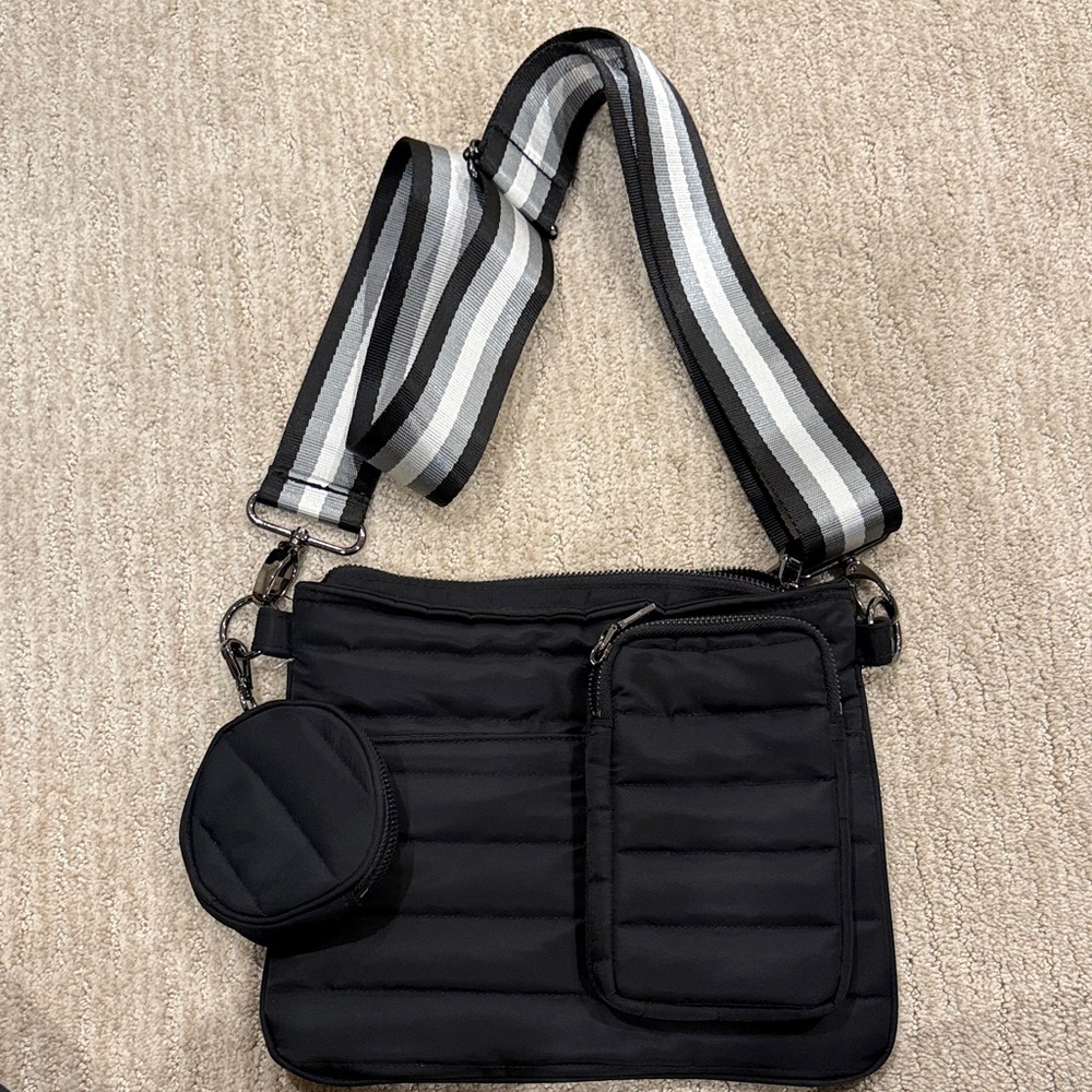 THINK ROYLN Black Crossbody Bag with Striped Strap